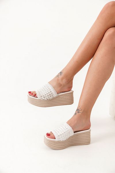TOPUK Tilda Women's White Stone Wedge Heeled Slippers