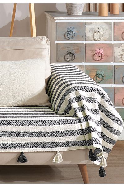 Lux Touch Pera Anthracite Tasseled Arm Cover Sofa Cover 300X110 cm 3m King Size Pompom Sofa Sofa Bed