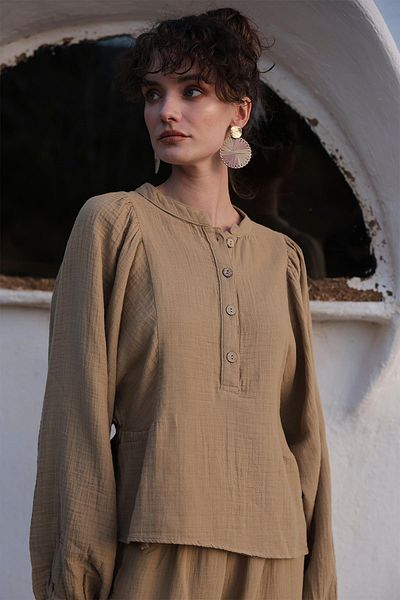 Olcay Blouse with Gathered Sleeves and Trousers Muslin Set Safran 9341-Tk