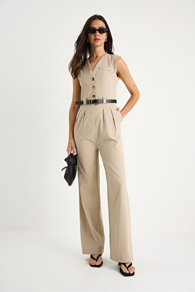 Bianco Lucci Women's V-Neck Belted Pocket Wide Leg Jumpsuit 90021 60283050