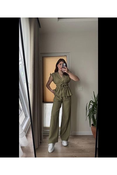 My Blog Khaki 100% Cotton Shoulder Waist Shirred Blouse Trousers Set - 8612