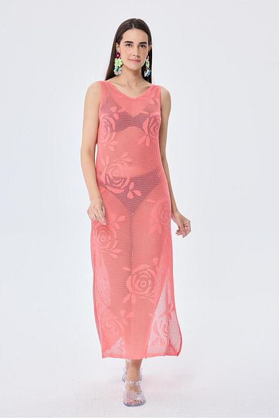 Peraluna Honeymoon, Openwork, Women's Long Knitwear Beach Dress - Koral
