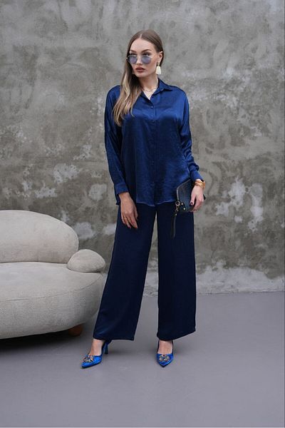 MODAMOR Navy Blue Satin Fabric Shirt Pants Suit
