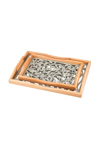 Dania A set of wooden trays and bowls with metal handles and a beautifully engraved glass-covered base.