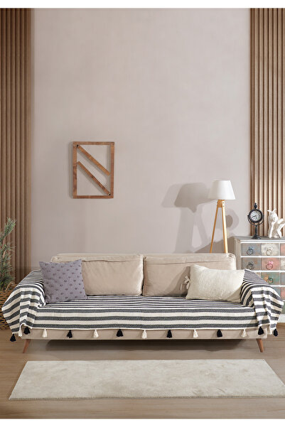 Lux Touch Pera Siyah Püsküllü Kolları Örten Koltuk Örtüsü 300x110 cm 3m Battal Boy Ponponlu Kanepe Divan