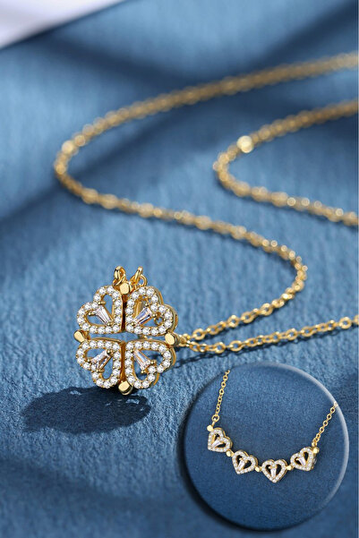 Takı Dükkanı Yonca Ve Kalpli Kadın Çelik Kolye 2 Farklı Kullanım Şekli Eck46