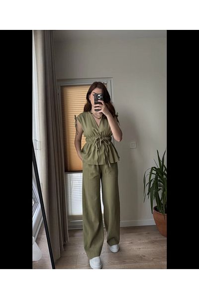 My Blog Khaki 100% Cotton Shoulder Waist Shirred Blouse Trousers Set - 8612
