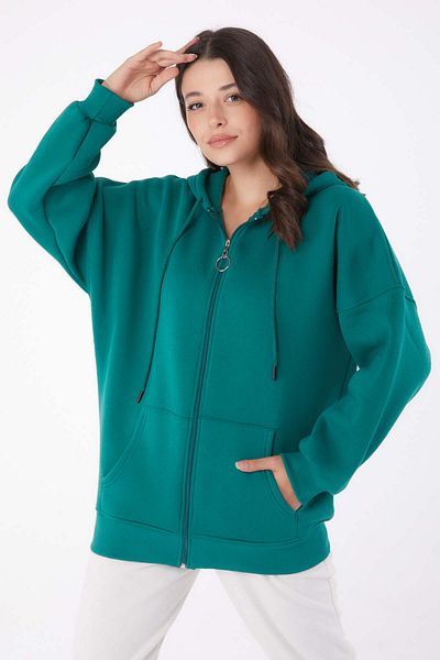 TOFİSA Green Women's Sweatshirt - Hooded, Pocket and Zipper - 26049