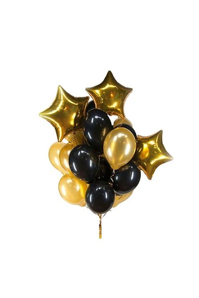 Ropet Set of 13 latex and foil balloons, with 3 stars, Gold/Black, Ropet