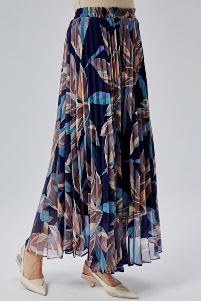 Modabenna Patterned Lined Pleated Chiffon Skirt with Elastic Waist Pleated