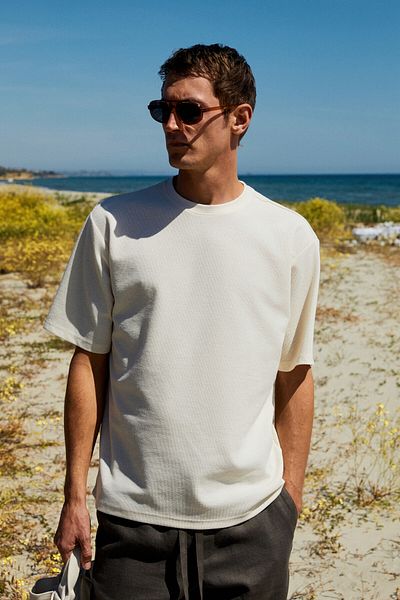 GRIMELANGE Chic Men's Relaxed Fit Textured Cotton Fabric Ecru T-Shirt