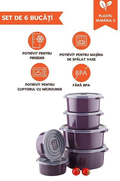 Ginza Maison Set Of 6 Food Containers (4X500 ML, 4X1000 ML, 4X2000 ML), Dark Purple, Lid With Air Release Device