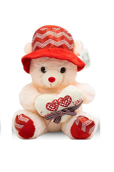 rexa Cream Teddy Bear with Red Cap & Heart Pillow – 45cm x 33cm