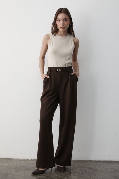JASTE Women's Brown Lycra Buckle Belt Detailed Elastic Palazzo Trousers