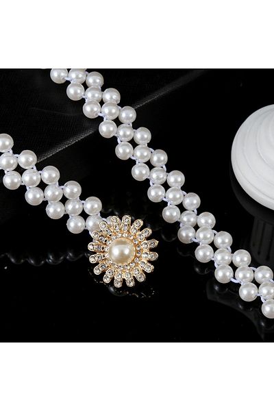 OBRO Curea de dama pentru talie, eleganta, ajustabila, din perle, catarama tip margareta, 70-95 cm, alb