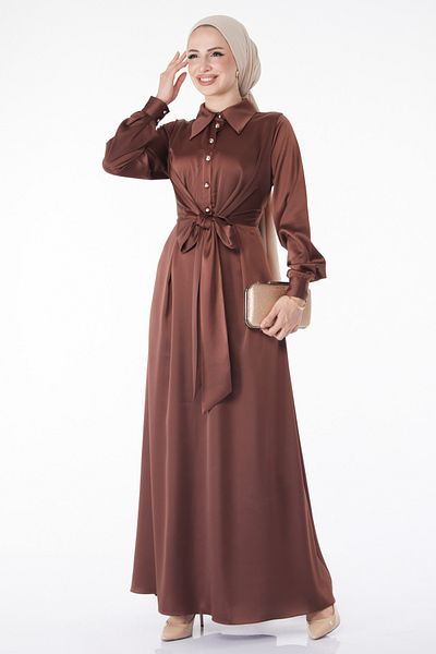 TOFİSA Cross Belt Detailed Evening Dress Brown - 25211