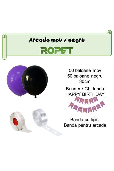 Ropet Balloon arrangement set for arch, Happy Birthday garland, 115 pcs, purple and black