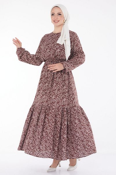 TOFİSA Leaf Patterned Dress Brown - 25751