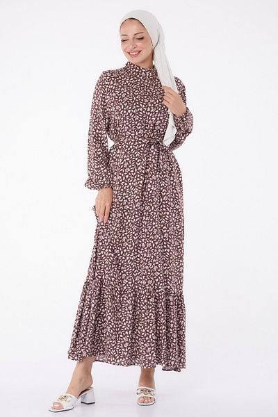 TOFİSA Patterned Belted Dress Brown - 26023