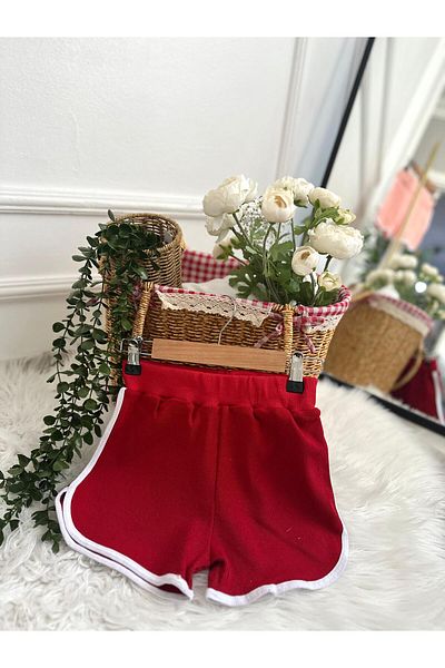 YARENKİDS Girl's Elastic Waist Shorts Red