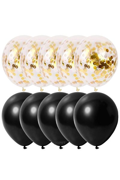 Ropet Set of 10 latex balloons, gold confetti, Black, 30cm, Ropet