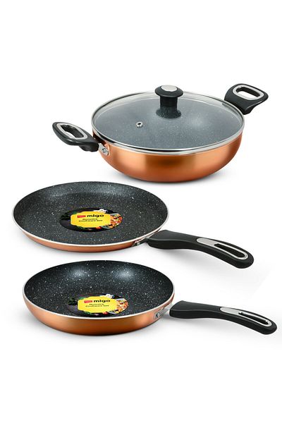 İMPEX Impex Migo 4Piece Nonstick Granite Cookware Set –Copper| Kadai,Tawa,Fry Pan with Glass Lid -FKTCU