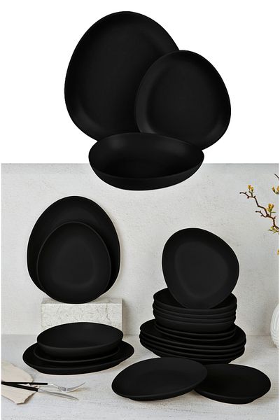 Berlinger Set de cină cu 18 farfurii, colecția din gresie, negru mat, potrivit pentru mașina de spălat vase și cuptorul cu microunde