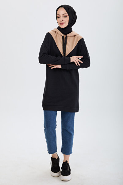 TOFİSA Women's Tan Tunic, Plain Hooded Collar - 13105