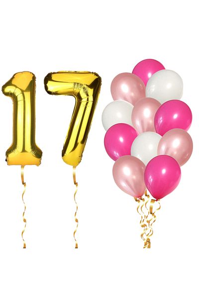 Ropet Set of 14 17th Birthday Balloons, girl, pink/rose gold color, Ropet