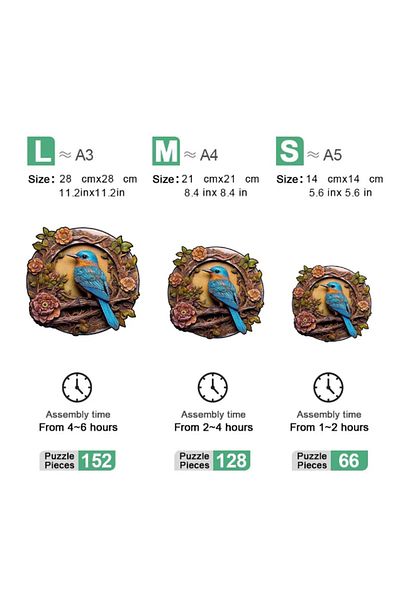 OBRO Round puzzle, wooden, for adults, nature, sparrow on a branch, multicolor, 152 pieces, A3