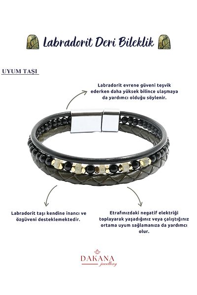 DAKANA JEWELLERY Certified Labradorite Natural Stone Men's Khaki Leather Bracelet