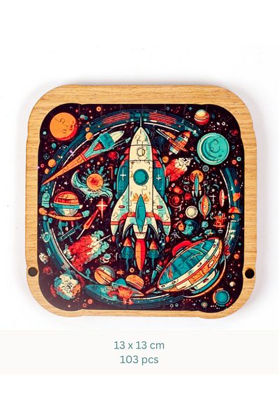 OBRO Puzzle din lemn, cu rama, pentru adulti, racheta in spatiu, multicolor, 103 piese, 13 x 13