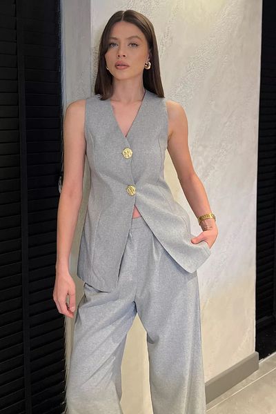 GÜLSELİ Vestă gri cu nasturi dublu Pantaloni Set dublu