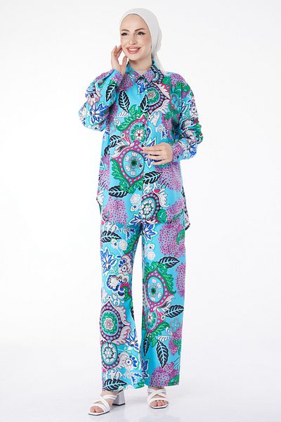 TOFİSA Ethnic Patterned Double Suit Blue - 25054