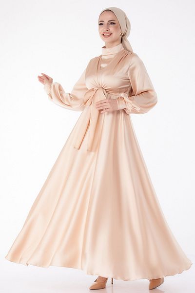 TOFİSA Front Tie Evening Dress Beige - 25342