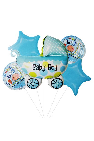 Ropet Set of 5 foil balloons, 45cm - 68cm, stroller shape, it's a boy - baby boy, blue, Ropet