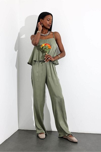 5in1Canpolat Khaki Adjustable Strap Blouse Trousers Set 51043