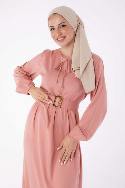 TOFİSA Pink Belted Straight Crew Neck Women's Dress - 26041
