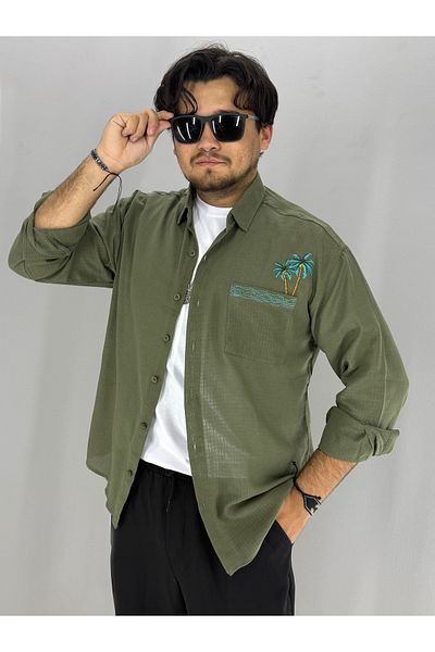MARESHAL Floral Embroidered Cotton Linen Oversize Shirt (Khaki)