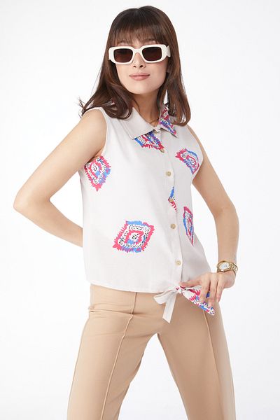 TOFİSA Patterned Shirt with Tie Hem Fuchsia - 13150