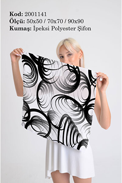 DESENİX Geometric Spiral Circles Patterned Silky Chiffon Kerchief - Shawl, Scarf, Neck Collar - 50X50, 70X70, 90X90 cm
