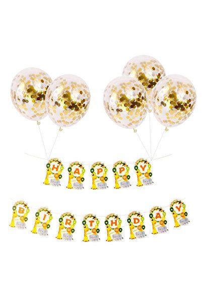 Ropet Set 5 baloane confetti auriu si banner Happy Birthday jungla