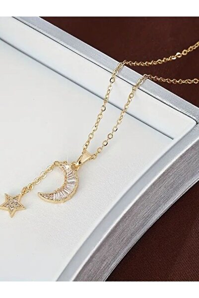 VerdeHome Taşlı Ay Ve Yıldız Figürlü Altın Renk Kadın Kolyesi –anlamlı Hediyelik Kolye – Gökyüzü Temalı
