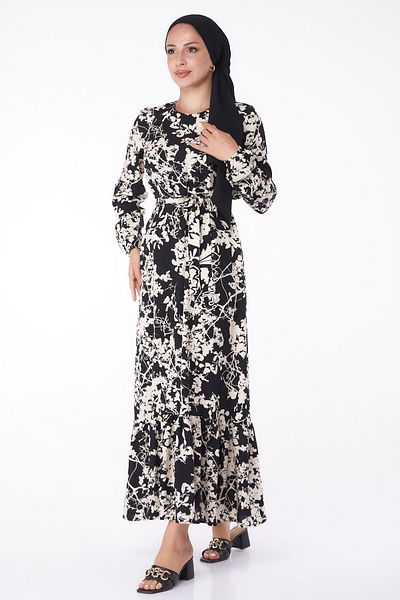 TOFİSA Patterned Belted Dress Black - 26071