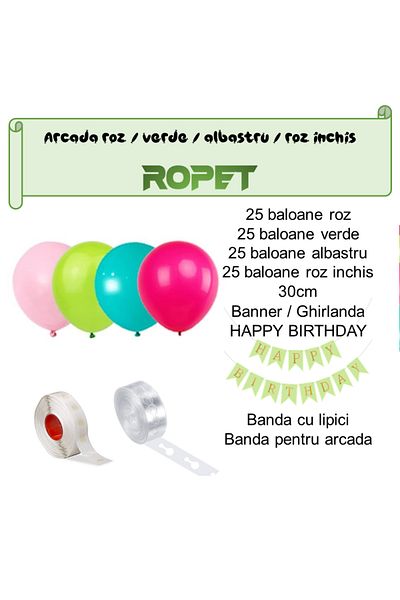 Ropet Balloon arrangement set for arch, Happy Birthday garland, 115 pcs, pink, green and blue