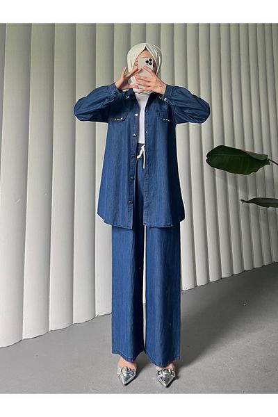 Modamorfo Buttoned Pocket Detailed Wide Leg Trousers Jeans Set - Indigo