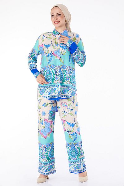 TOFİSA Women's Blue Patterned Plain Shirt Collar Tunic and Trousers - 25604