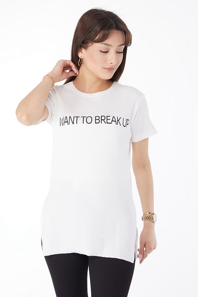 TOFİSA Printed Slit T-Shirt White - 24791