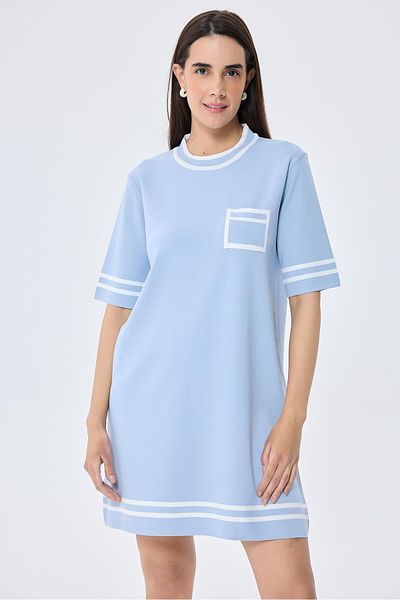Peraluna Ingrid, Rochie Mini Tricotaj De Vară Cu Detaliu Dungi - ALBASTRU DESCHIS