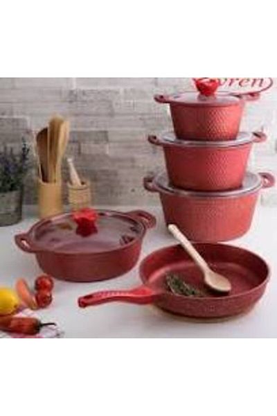 Evren Red Crystal Pot Set – 9 Pieces, Shiny Design and Crystal Finish